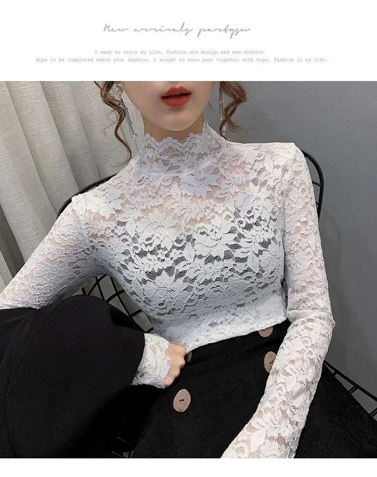 Lace High Collar Women's Shirt Blue Long Sleeve — feature 17