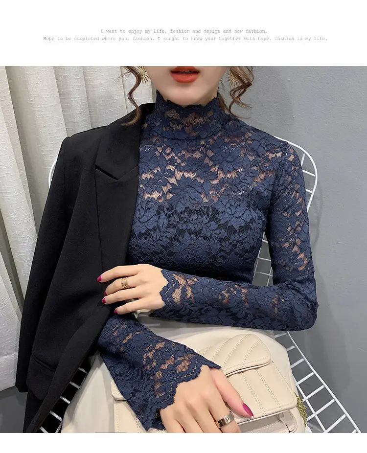 Lace High Collar Women's Shirt Blue Long Sleeve — feature 25