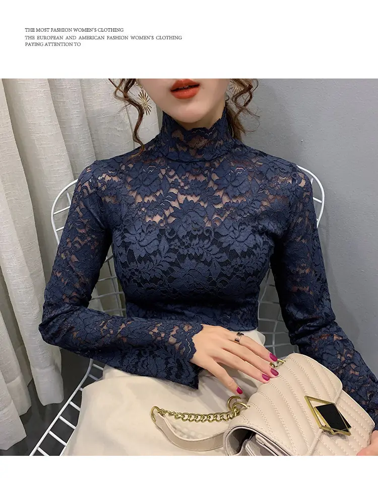Lace High Collar Women's Shirt Blue Long Sleeve — feature 26