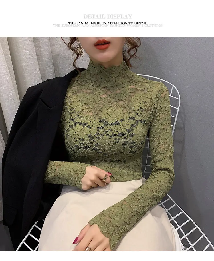 Lace High Collar Women's Shirt Blue Long Sleeve — feature 9
