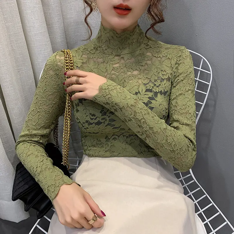 Lace High Collar Women's Shirt Blue Long Sleeve
