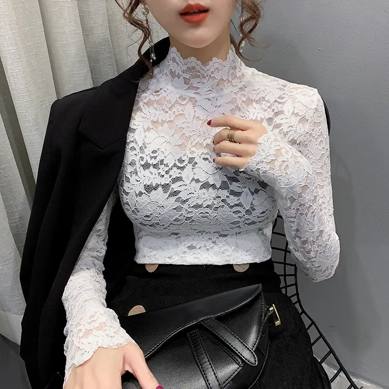 Lace High Collar Women's Shirt Blue Long Sleeve