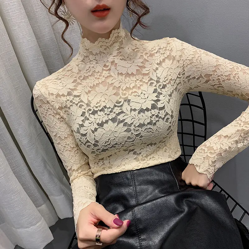 Lace High Collar Women's Shirt Blue Long Sleeve