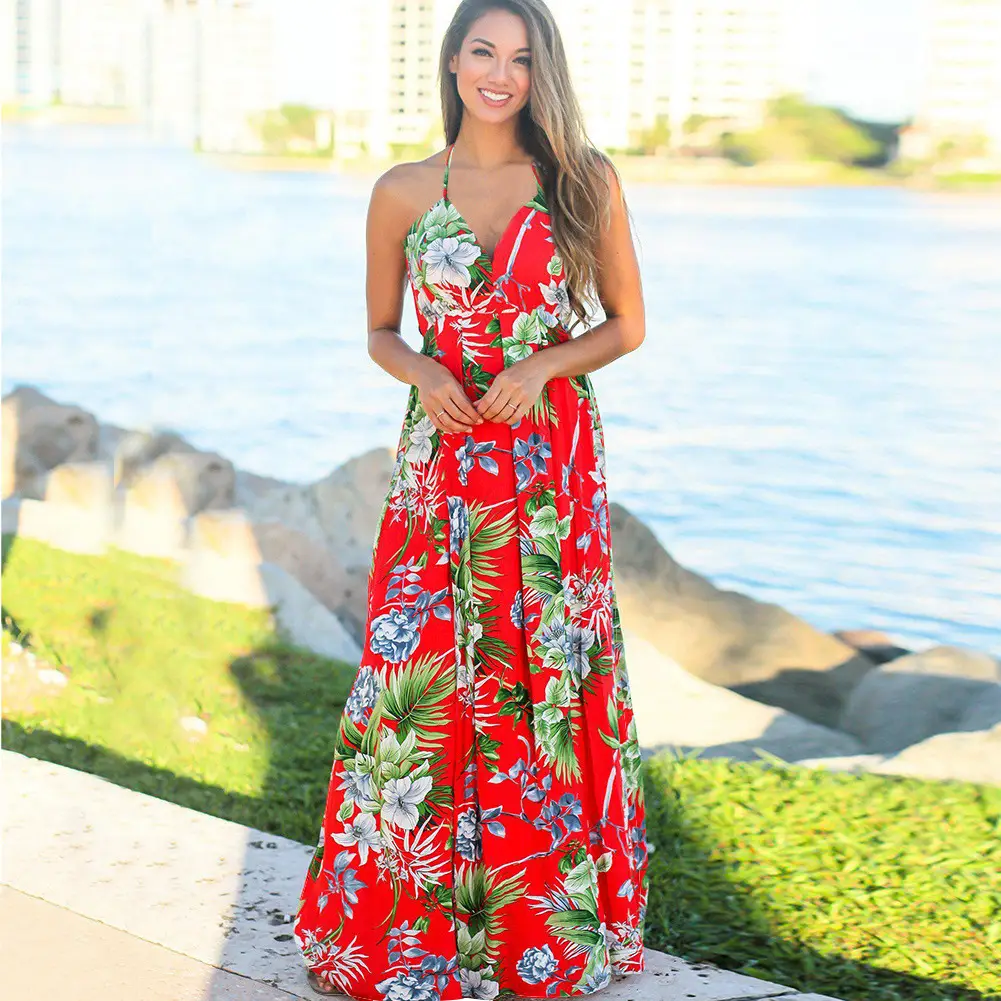 Red Floral Strap Beach Dress for Women - Image 18