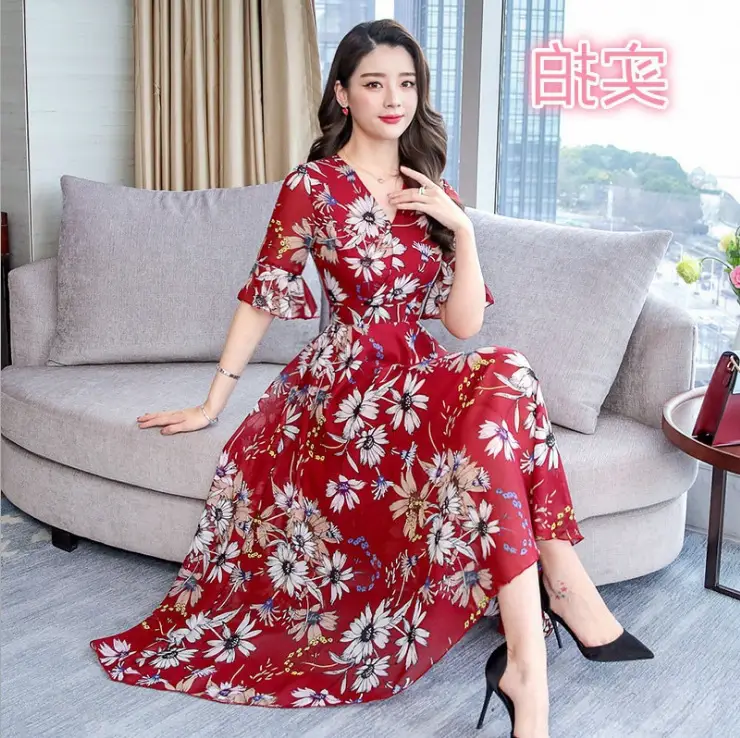 Women Floral Over-the-Knee Long Dress Blue V-Neck - Image 13
