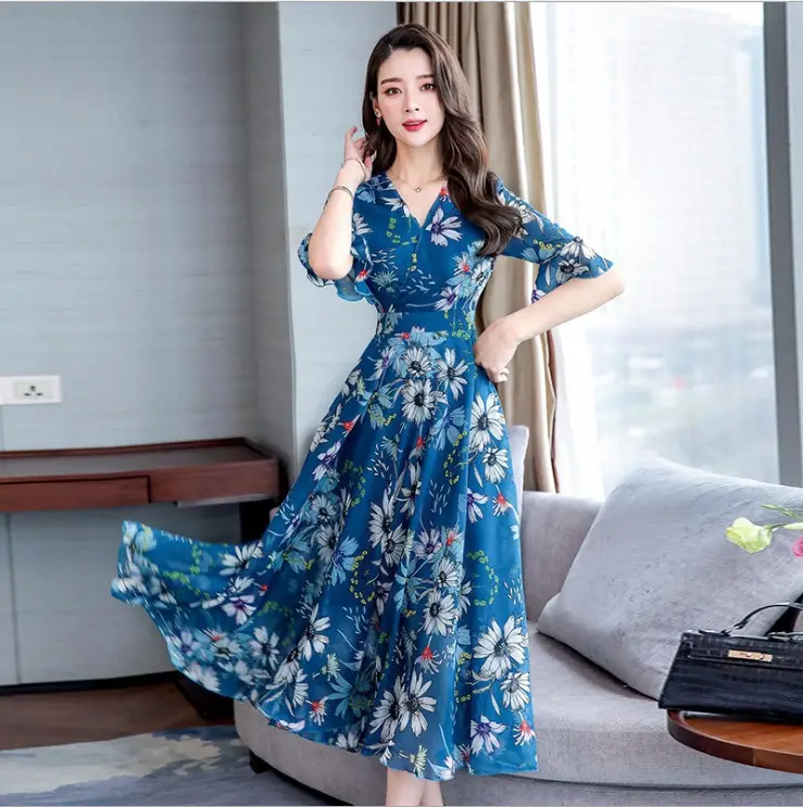 Women Floral Over-the-Knee Long Dress Blue V-Neck - Image 14