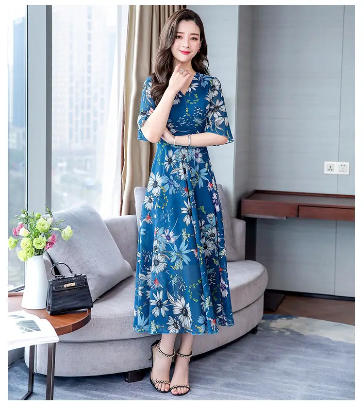 Women Floral Over-the-Knee Long Dress Blue V-Neck — feature 15