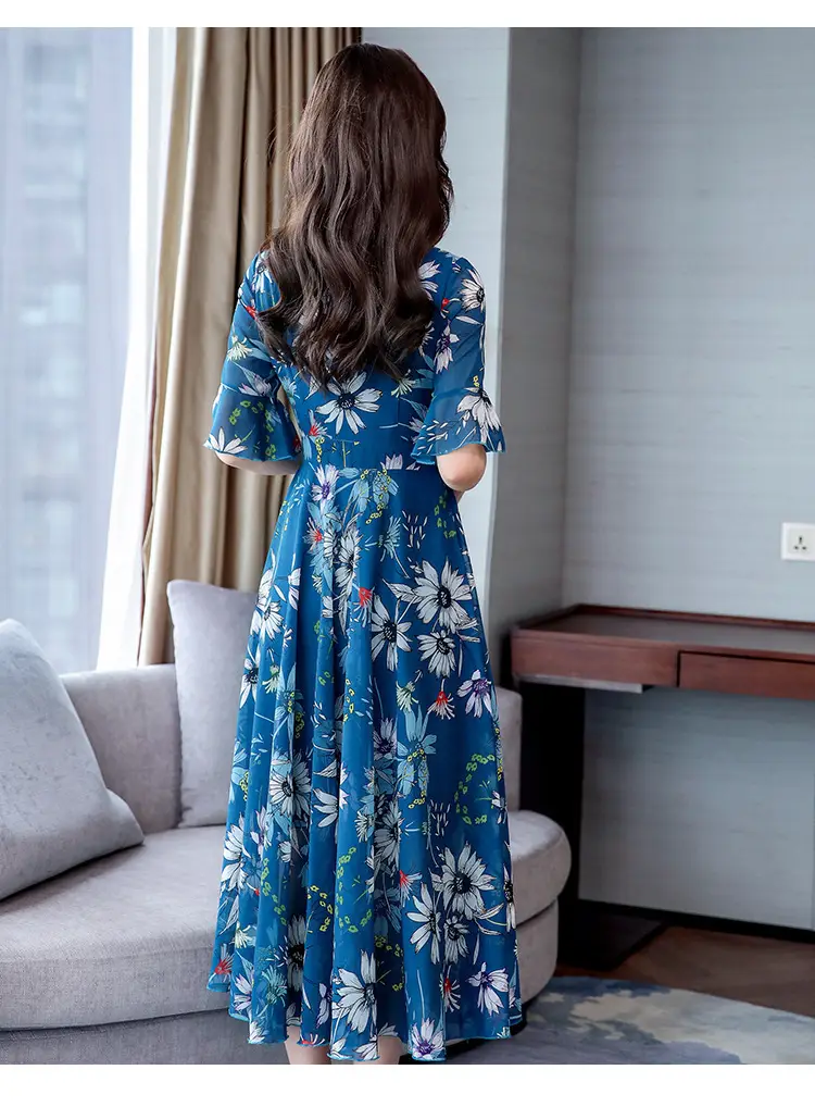 Women Floral Over-the-Knee Long Dress Blue V-Neck — feature 16