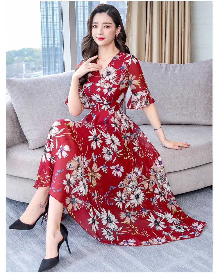 Women Floral Over-the-Knee Long Dress Blue V-Neck — feature 6