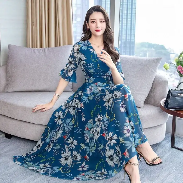 Women Floral Over-the-Knee Long Dress Blue V-Neck - Image 7