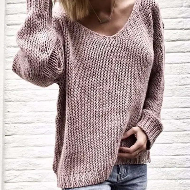 Women's Knitted V-Neck Pullover Sweater Long Sleeve Beige - Image 8