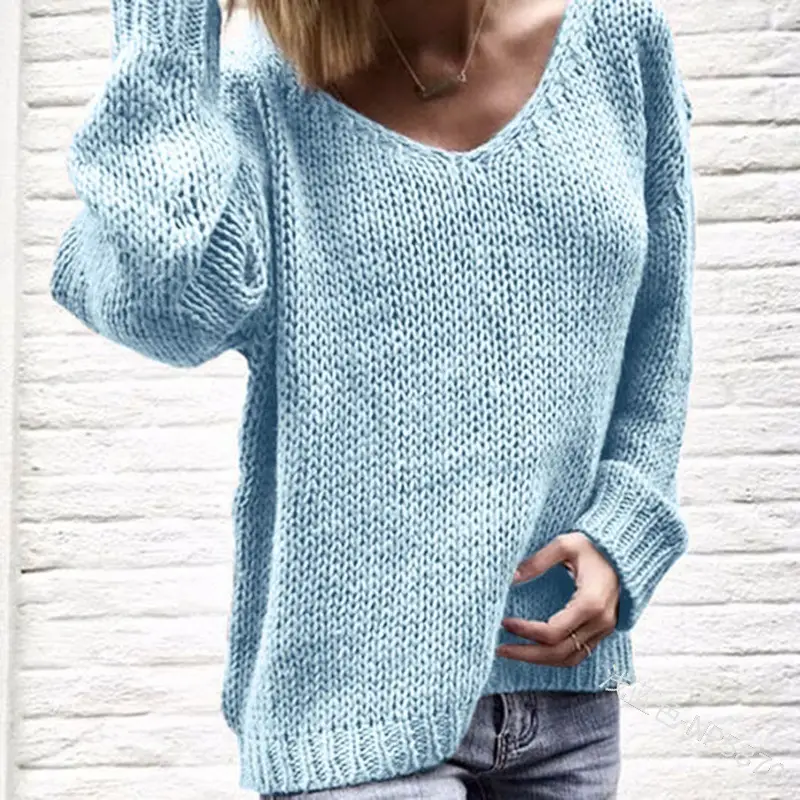 Women's Knitted V-Neck Pullover Sweater Long Sleeve Beige - Image 9