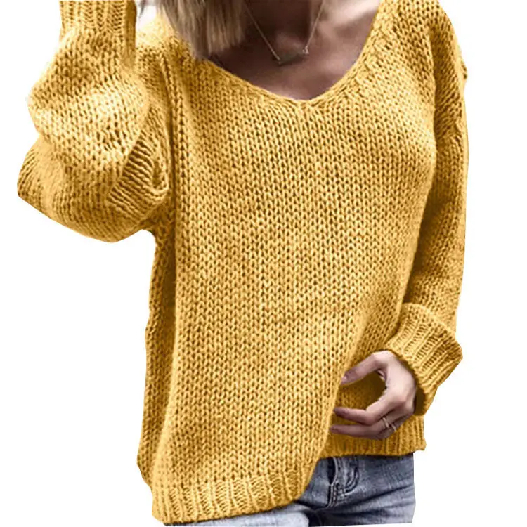 Women's Knitted V-Neck Pullover Sweater Long Sleeve Beige - Image 10