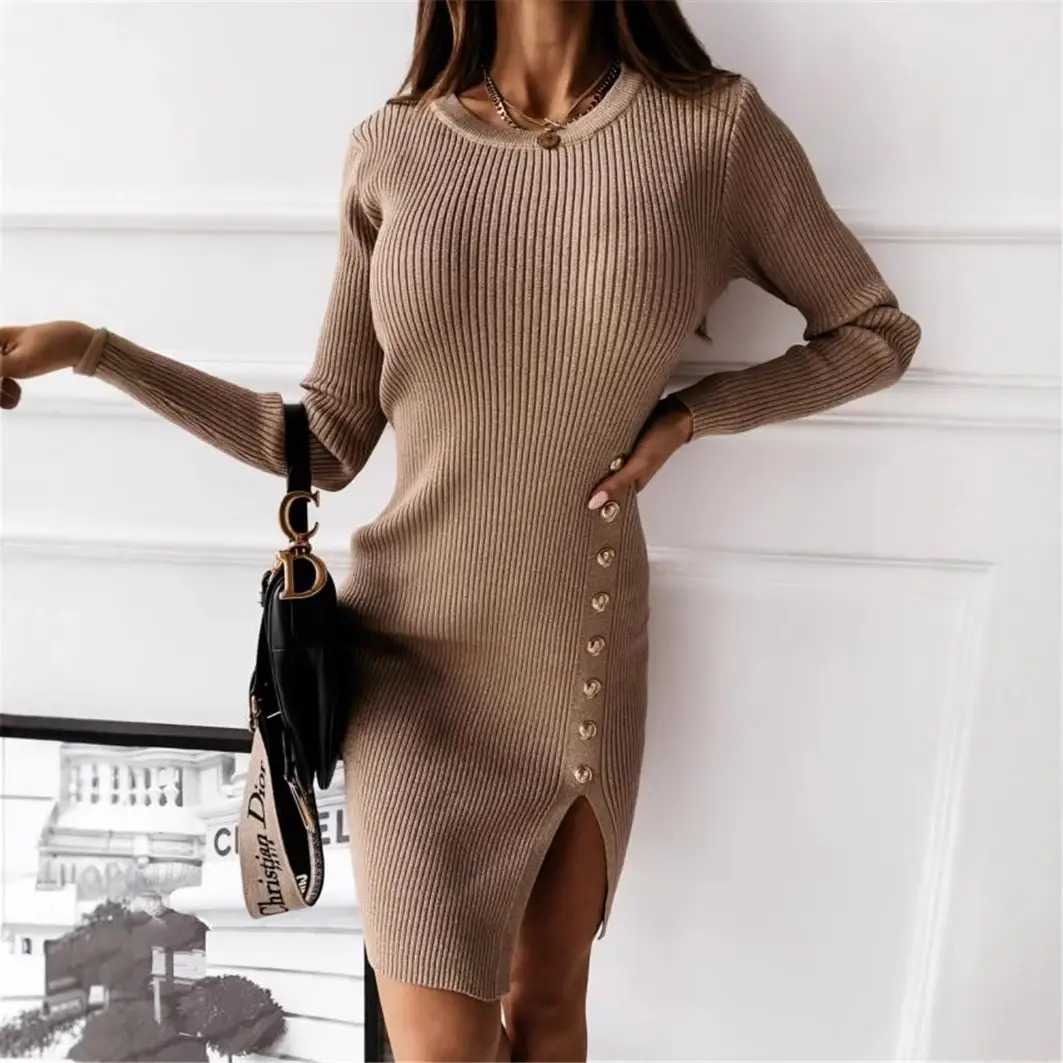 2020 Button Split Sexy Ribbed Dress Brown - Image 3