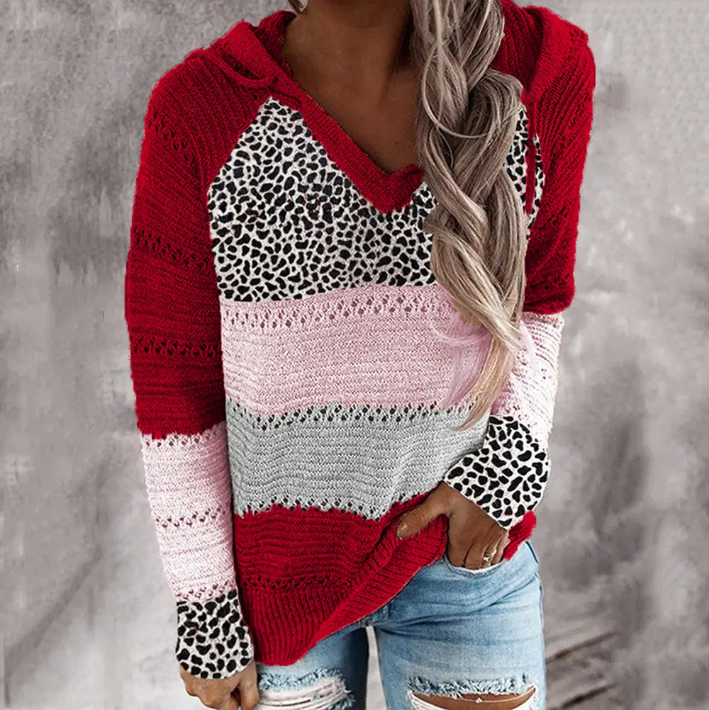 Leopard Print Hooded Sweater Grey Pink Beige - Image 11