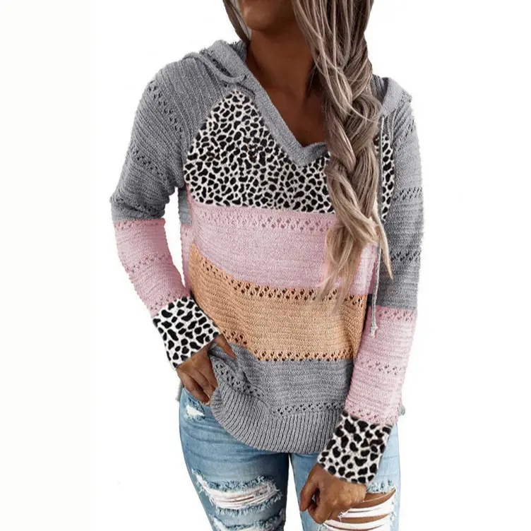 Leopard Print Hooded Sweater Grey Pink Beige - Image 12