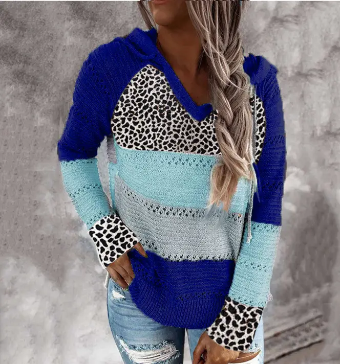 Leopard Print Hooded Sweater Grey Pink Beige - Image 5