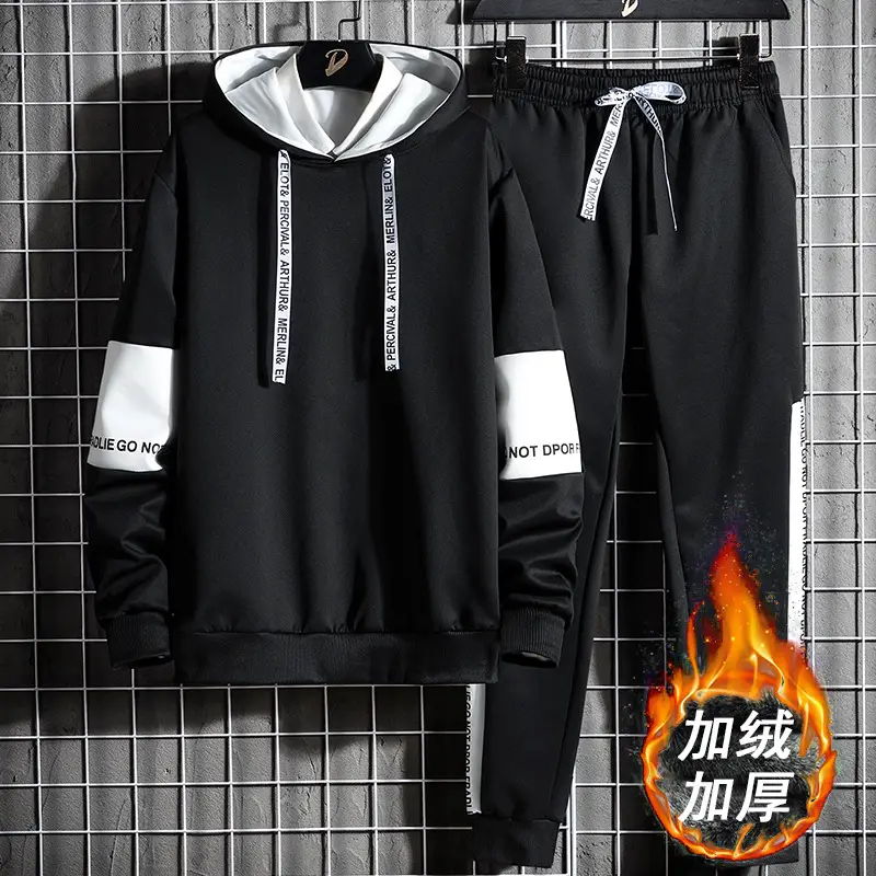 Men Black Fleece Hooded Track Suit with White Stripes - Image 6