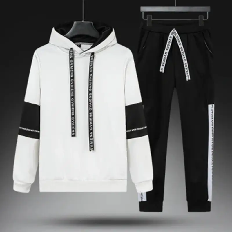 Men Black Fleece Hooded Track Suit with White Stripes - Image 7