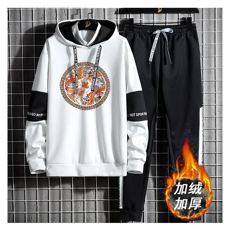 Men Black Fleece Hooded Track Suit with White Stripes — feature 14