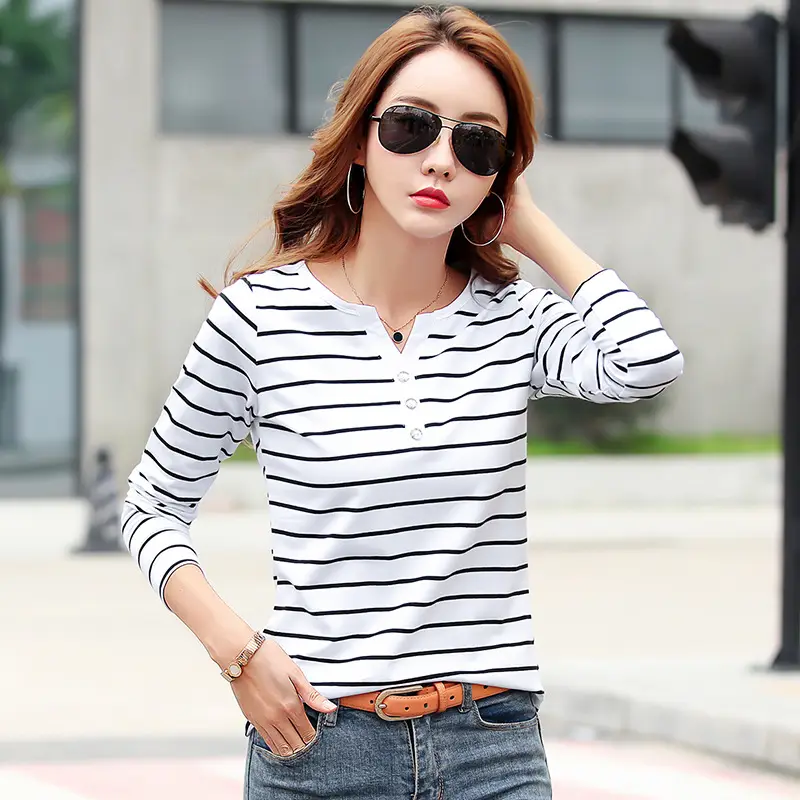 Women Striped Cotton V Neck T-Shirt Spring Autumn - Image 5