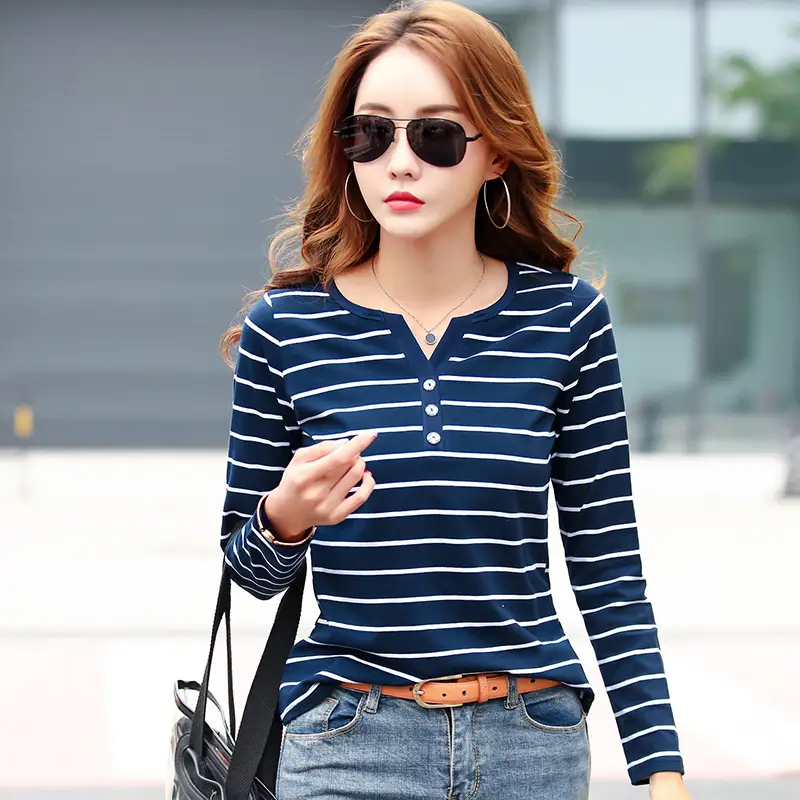 Women Striped Cotton V Neck T-Shirt Spring Autumn - Image 7