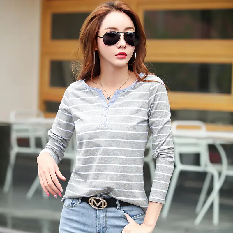 Women Striped Cotton V Neck T-Shirt Spring Autumn - Image 8