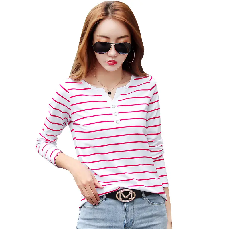 Women Striped Cotton V Neck T-Shirt Spring Autumn - Image 9