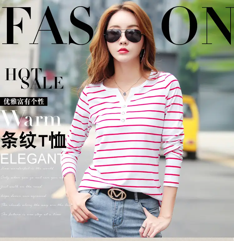 Women Striped Cotton V Neck T-Shirt Spring Autumn — feature 1