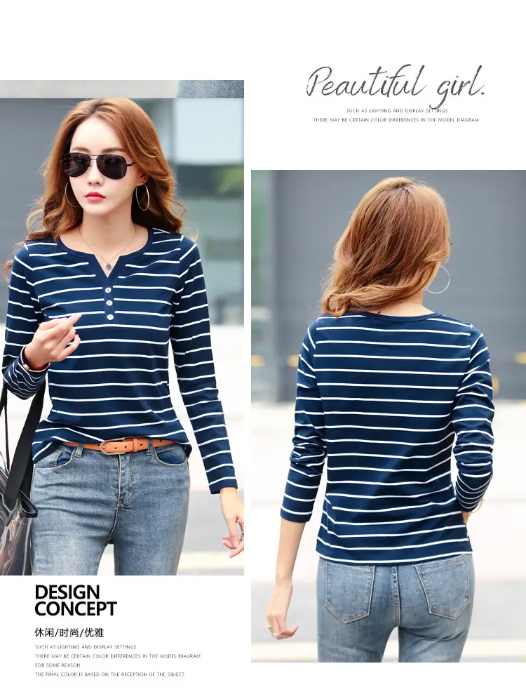 Women Striped Cotton V Neck T-Shirt Spring Autumn — feature 12