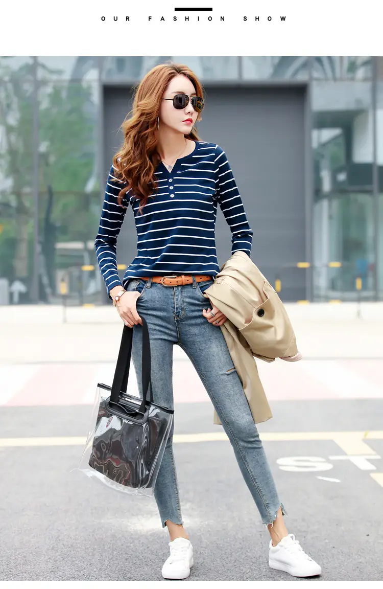 Women Striped Cotton V Neck T-Shirt Spring Autumn — feature 13