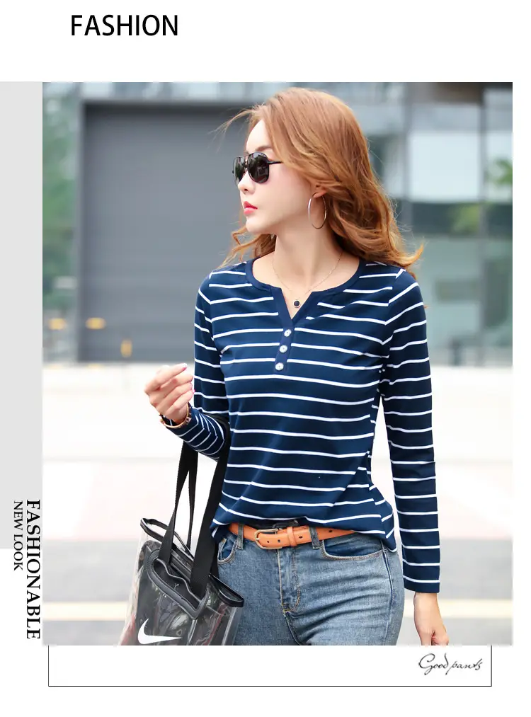 Women Striped Cotton V Neck T-Shirt Spring Autumn — feature 14