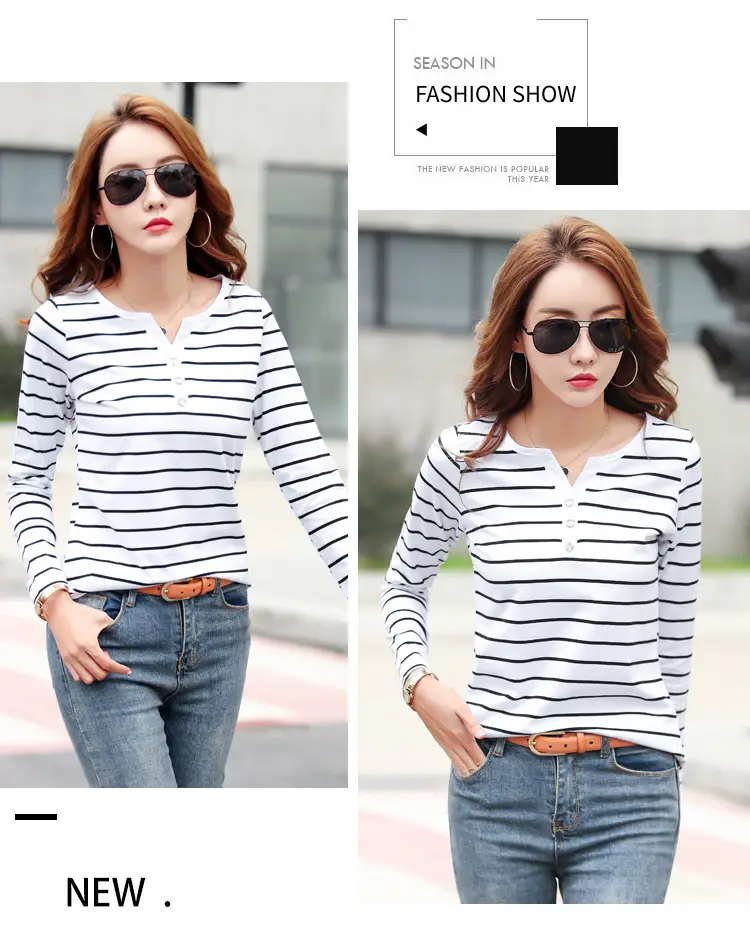 Women Striped Cotton V Neck T-Shirt Spring Autumn — feature 17