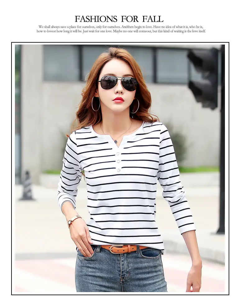 Women Striped Cotton V Neck T-Shirt Spring Autumn — feature 18