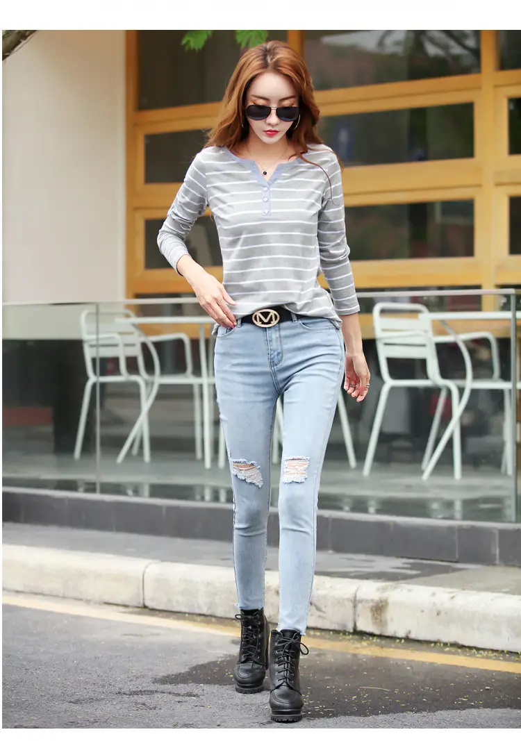 Women Striped Cotton V Neck T-Shirt Spring Autumn — feature 20