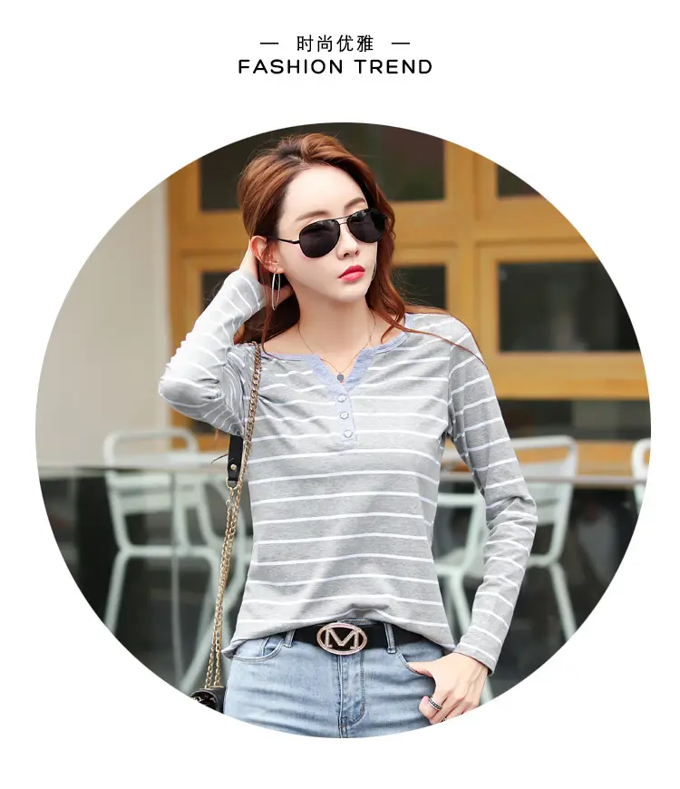 Women Striped Cotton V Neck T-Shirt Spring Autumn — feature 21