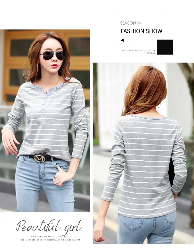 Women Striped Cotton V Neck T-Shirt Spring Autumn — feature 22