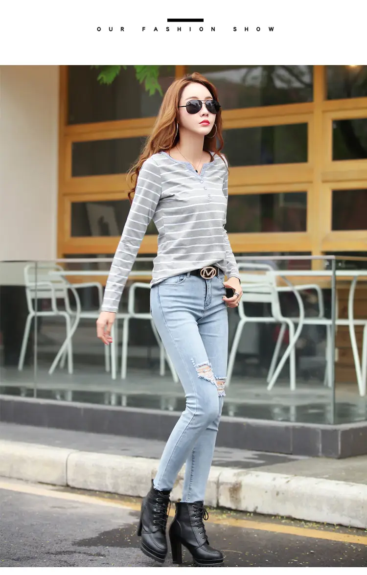 Women Striped Cotton V Neck T-Shirt Spring Autumn — feature 23