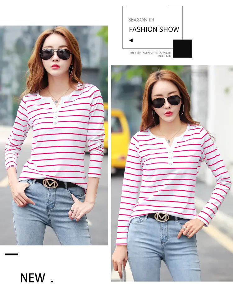 Women Striped Cotton V Neck T-Shirt Spring Autumn — feature 25