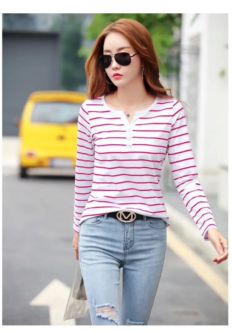 Women Striped Cotton V Neck T-Shirt Spring Autumn — feature 26