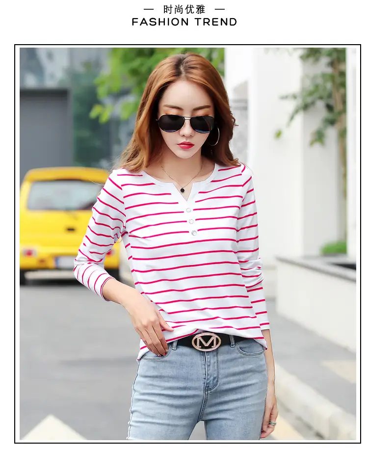 Women Striped Cotton V Neck T-Shirt Spring Autumn — feature 27