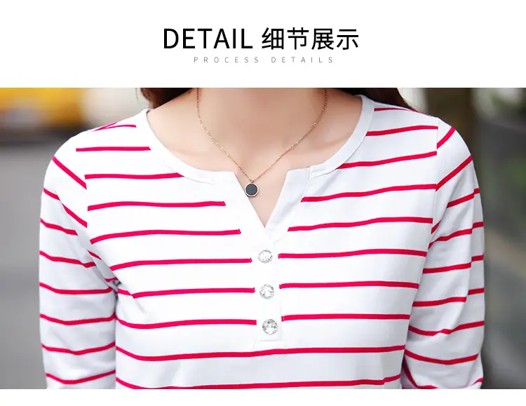 Women Striped Cotton V Neck T-Shirt Spring Autumn — feature 29