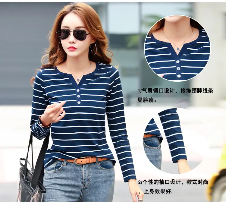 Women Striped Cotton V Neck T-Shirt Spring Autumn — feature 5