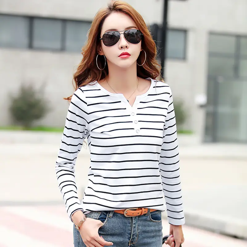 Women Striped Cotton V Neck T-Shirt Spring Autumn - Image 3