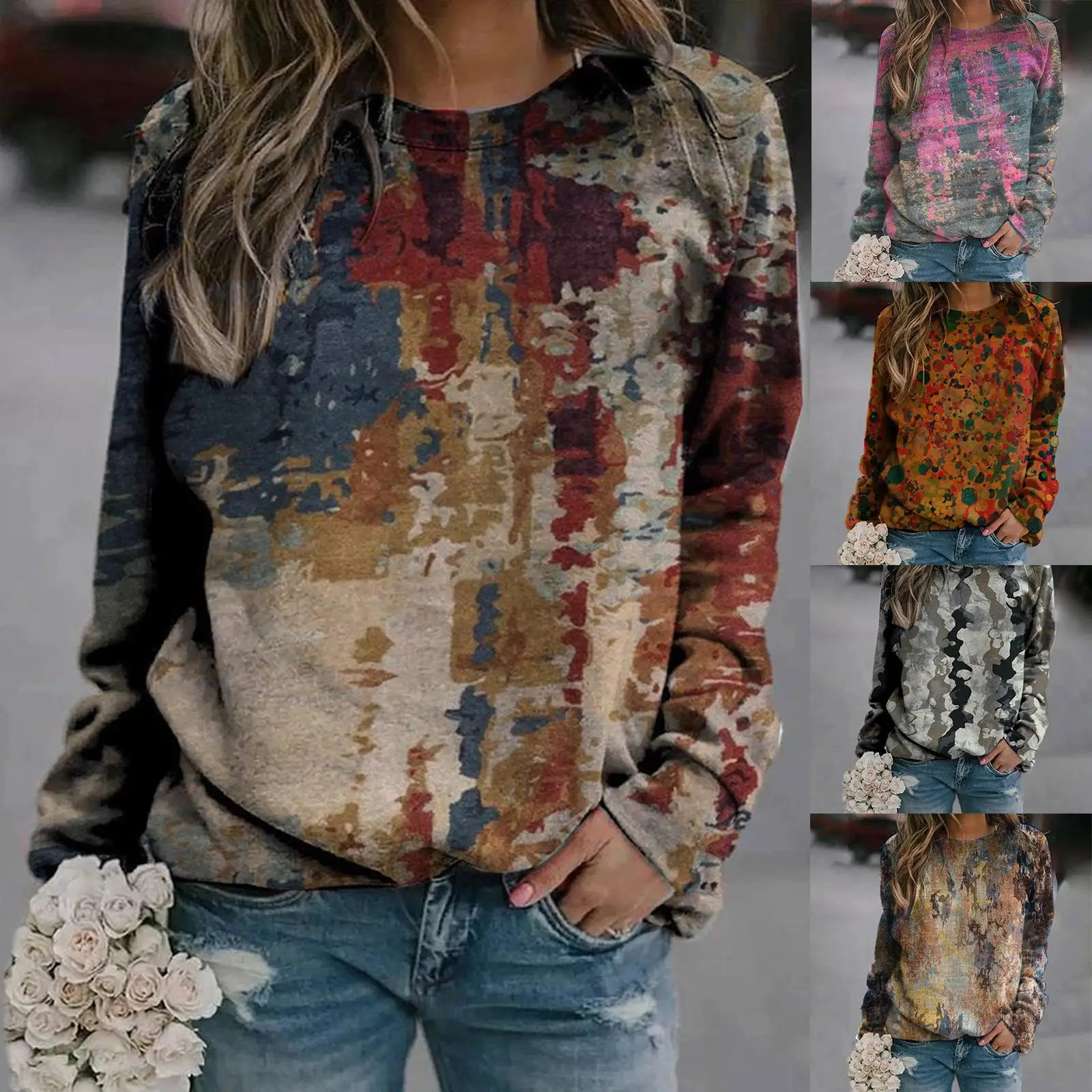 Women Printed Sweatshirt Green Geometric Long Sleeve - Image 20