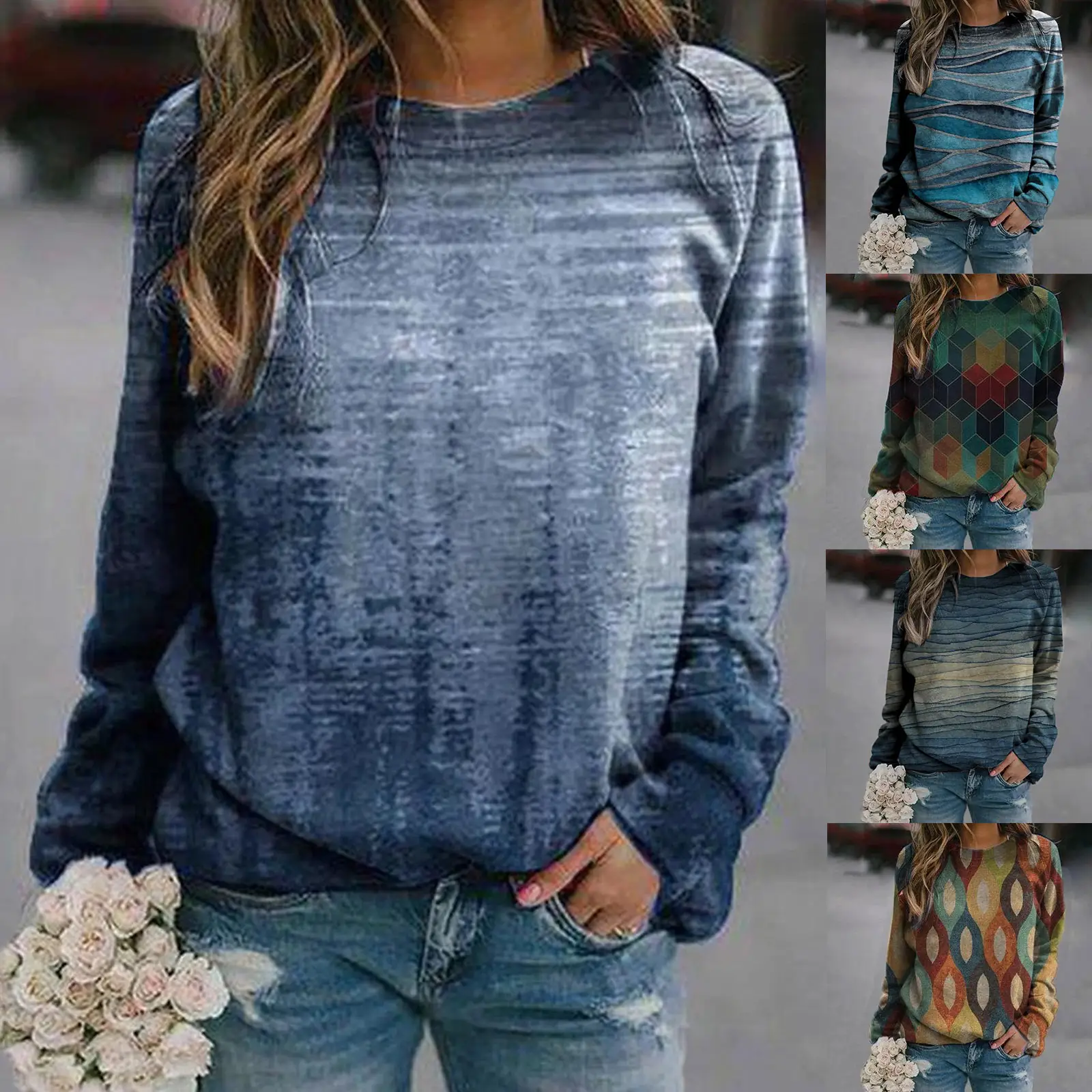 Women Printed Sweatshirt Green Geometric Long Sleeve - Image 21