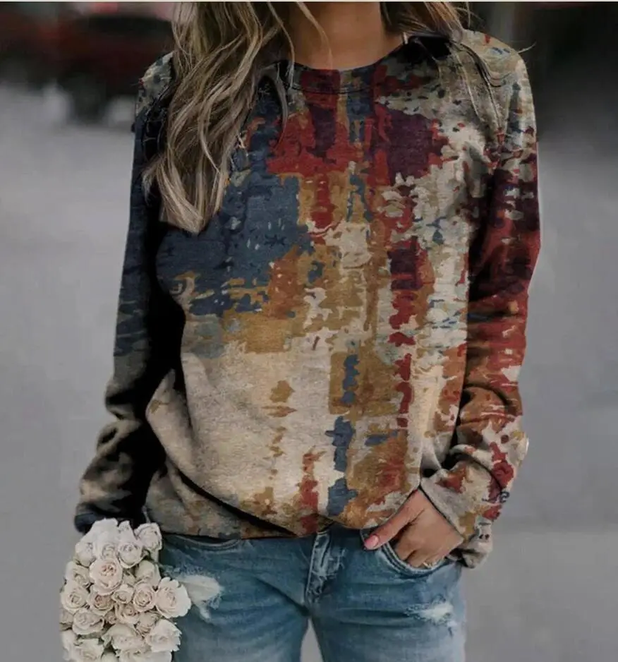Women Printed Sweatshirt Green Geometric Long Sleeve - Image 24