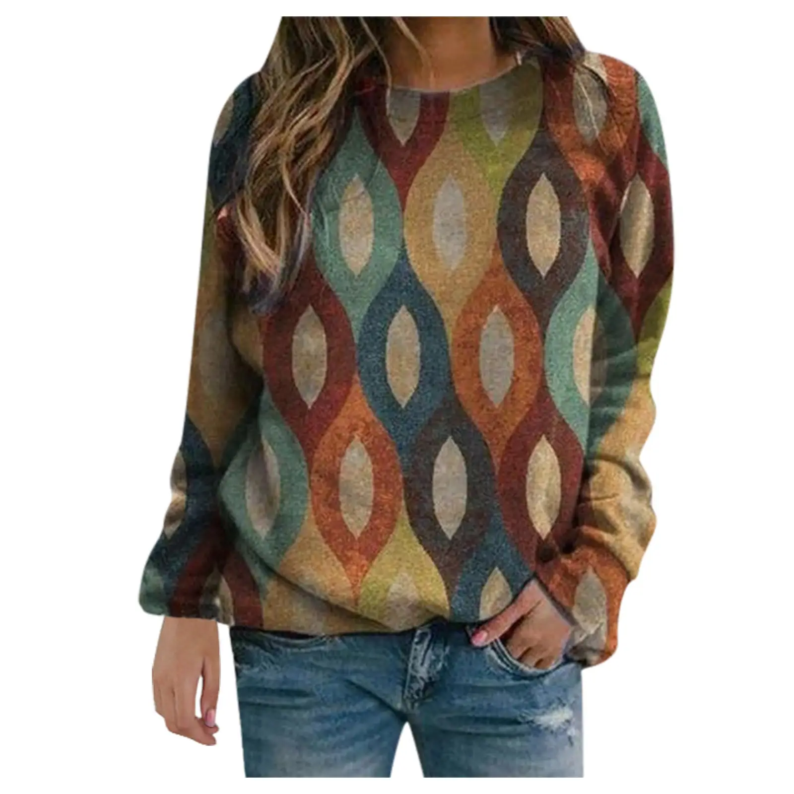 Women Printed Sweatshirt Green Geometric Long Sleeve - Image 2