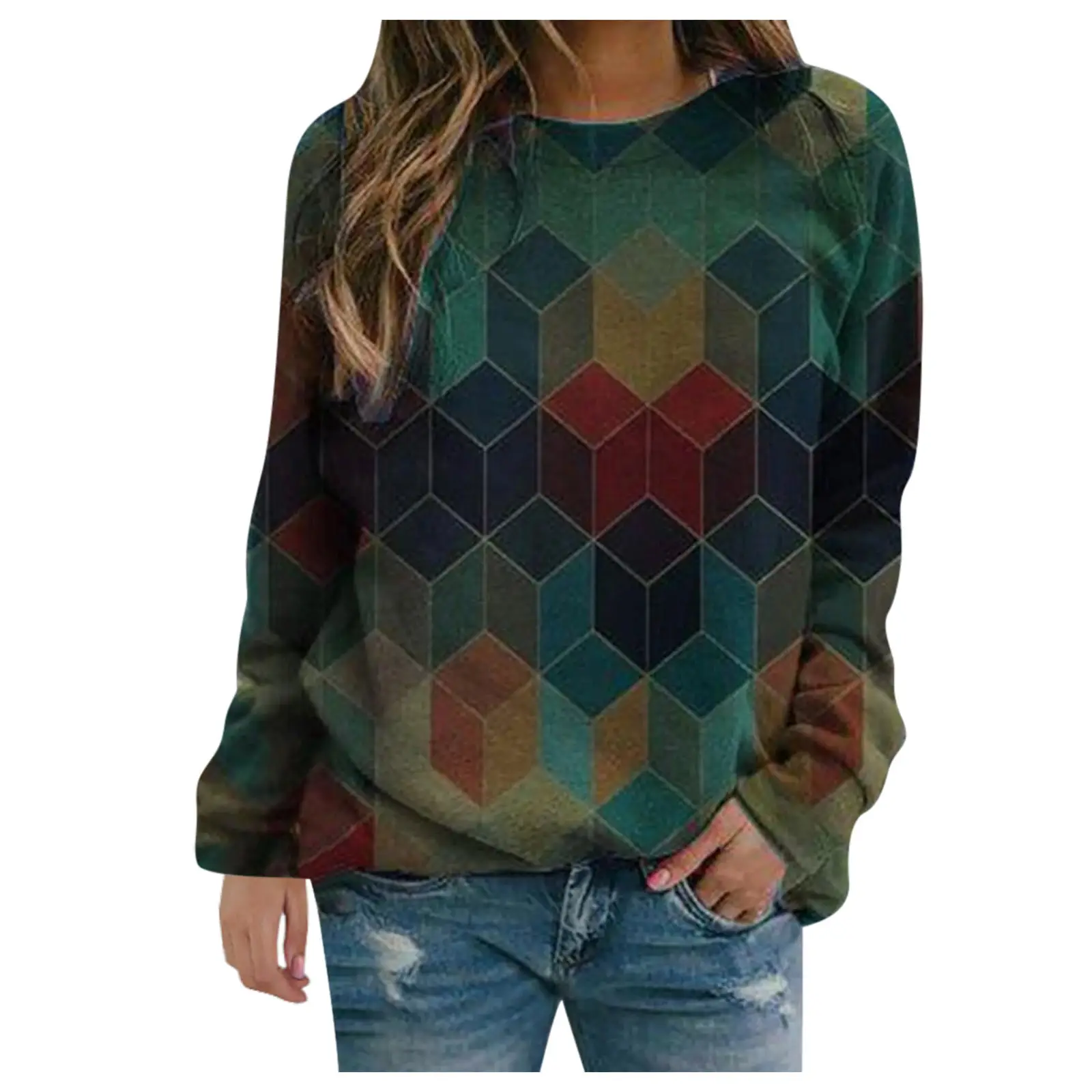 Women Printed Sweatshirt Green Geometric Long Sleeve - Image 3