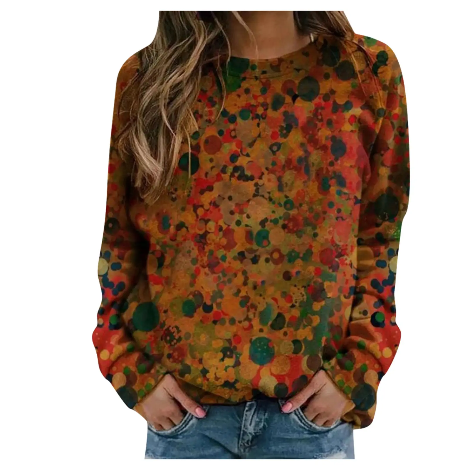 Women Printed Sweatshirt Green Geometric Long Sleeve - Image 6